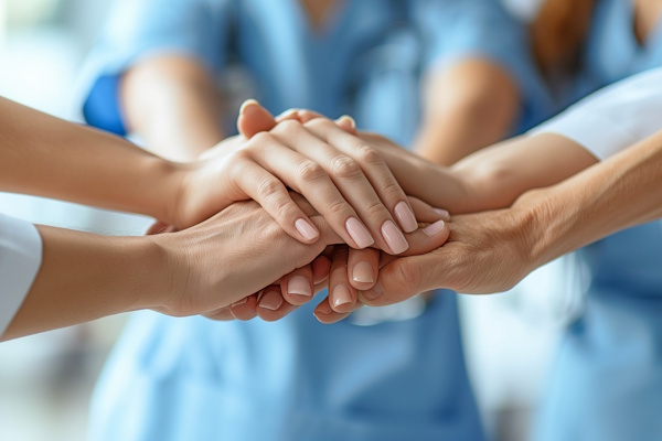 A medical team's doctors and nurses stacking hands